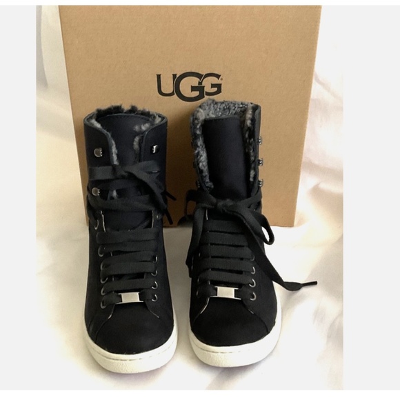FINAL SALE πUGG Starlyn Leather Sneakers Black Shearling Lined NEW * - Picture 9 of 16